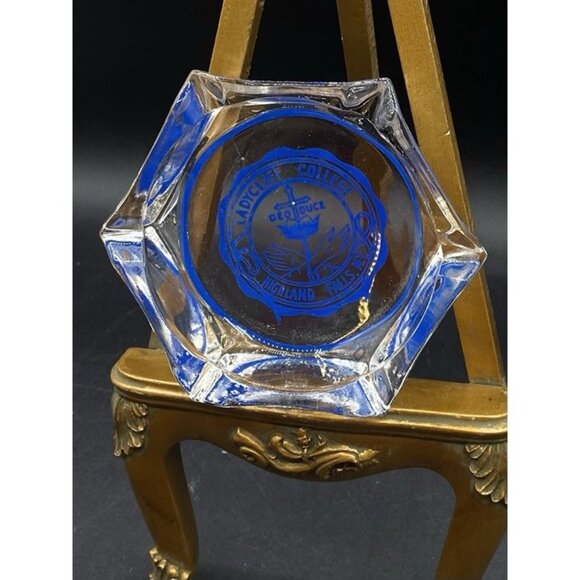 Ashtray Ladycliff College Crest Highland Falls NY Vintage Clear & Blue Logo - Picture 1 of 7